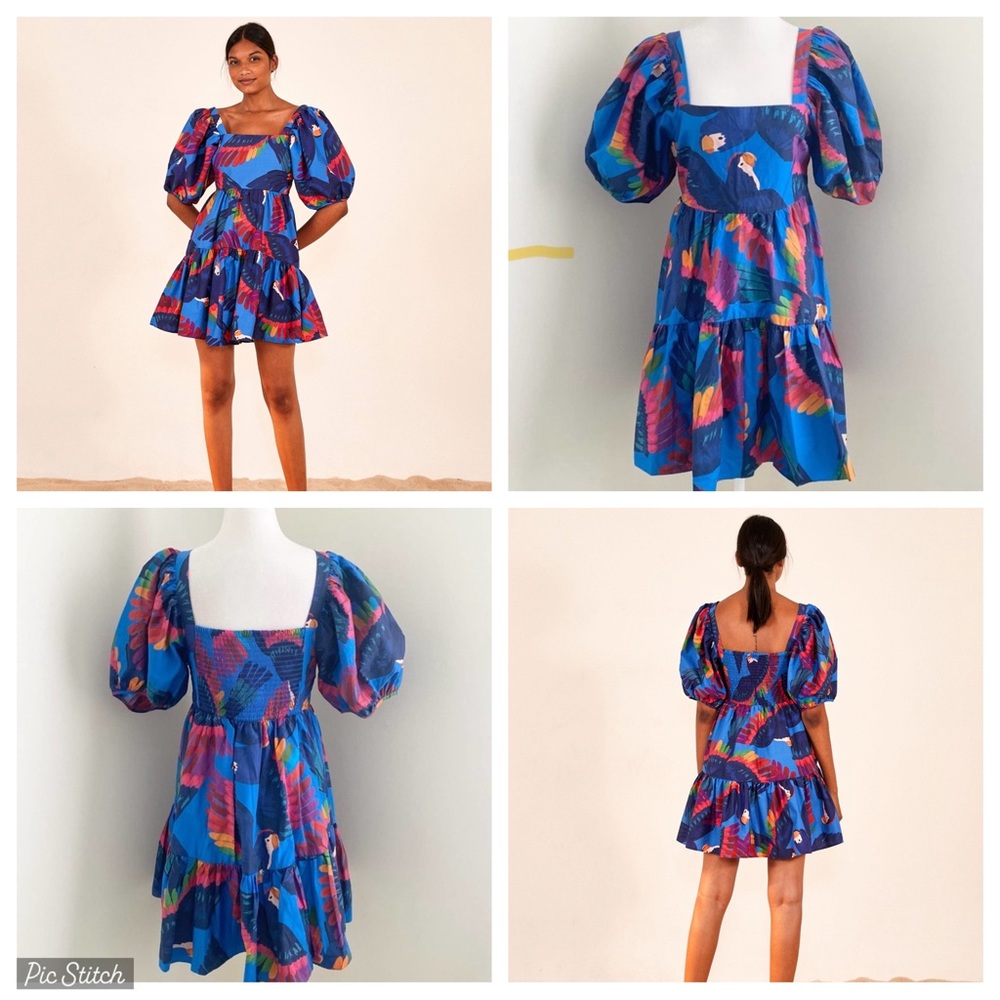 Farm Rio Rainbow 🌈 Macaw 🦜 mini dress in Blue